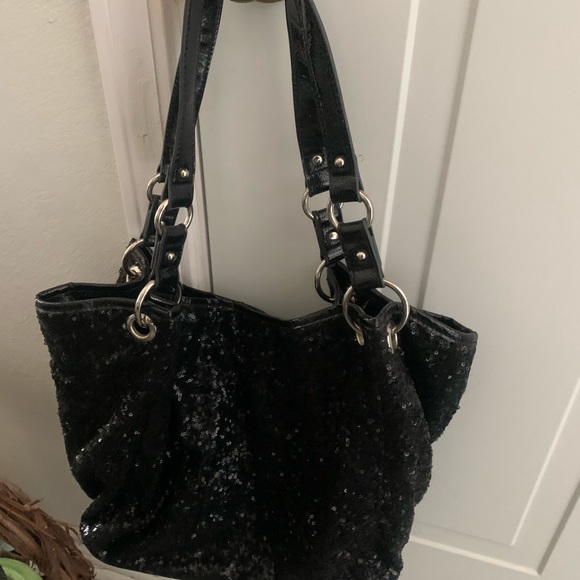 Nine West Black Sequin Purse, leopard print lining - Picture 5 of 11